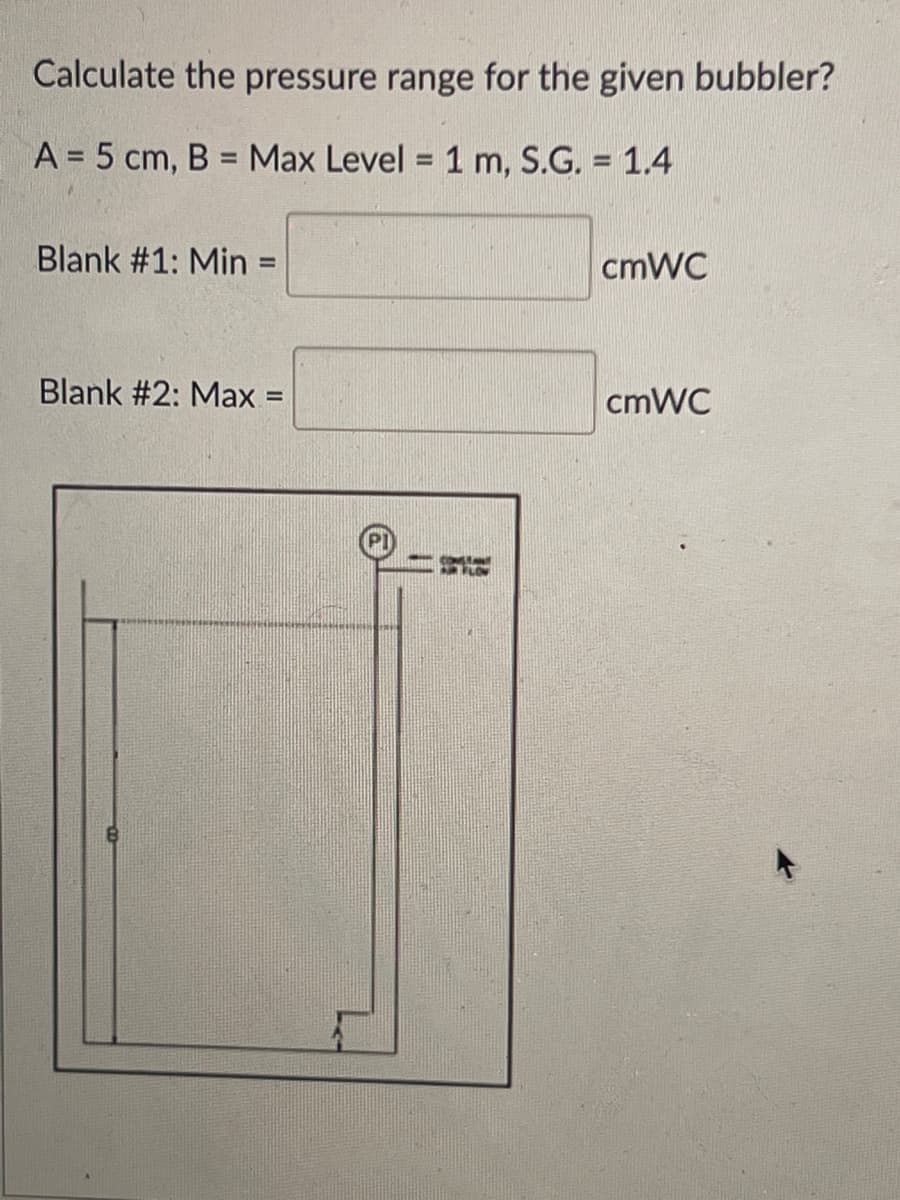 Calculate the pressure range for the given bubbler?
A = 5 cm, B = Max Level = 1 m, S.G. = 1.4
Blank #1: Min =
Blank #2: Max =
cmWC
cmWC