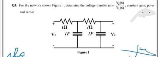 Q3: For the network shown Figure I, determine the voltage transfer ratio
V(8)
constant gain, poles
and zeros?
VI
IF
IF
V2
Figure I
