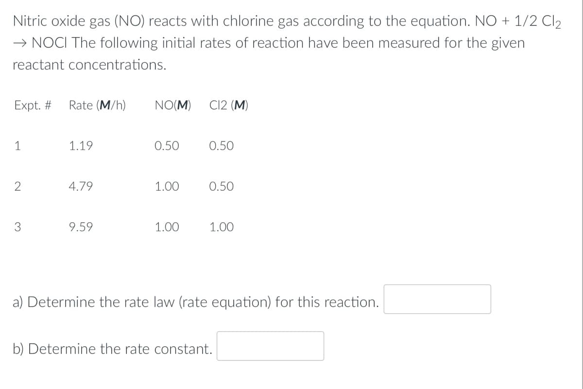 Nitric oxide gas (NO) reacts with chlorine gas according to the equation. NO + 1/2 Cl₂
→ NOCI The following initial rates of reaction have been measured for the given
reactant concentrations.
Expt. # Rate (M/h)
1
2
3
1.19
4.79
9.59
NO(M) C12 (M)
0.50
1.00
1.00
0.50
0.50
1.00
a) Determine the rate law (rate equation) for this reaction.
b) Determine the rate constant.
