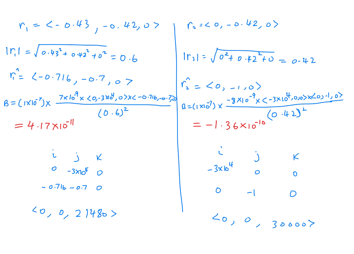 r₁ = <- 0.43
-0.42,07
r₂ = <0, -0.42, os
15,1 = √√0.43 ² + 0.42 ² +0² = 0.6
2
1521 = √0² +0.42² +0
=0-42
ņ= (-0.716, -0.7,07
B = (1×10³)X
7x109x <0,- 30004, 0>X<-0.716,-0.7,07
B=(1×107) x
(0.6)²
= 4.17×1511
i
0
j
K
-3×100
-0.716-0.7
<0, 0, 21480>
(0.42)2
こ
j
K
-3×104
0
0
-1
√₁₂ = <0, -1,0>
-9
-8×10˜³× < -3×10²+,0,0>×<0;-1, 0>
=-1.36×10%
20, 0,
300007