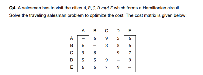 Q4. A salesman has to visit the cities A, B,C,D and E which forms a Hamiltonian circuit.
Solve the traveling salesman problem to optimize the cost. The cost matrix is given below:
00
D E
A
6.
8.
6
9.
8.
7
9.
E
7
9.
LO
6.
6.
6.
