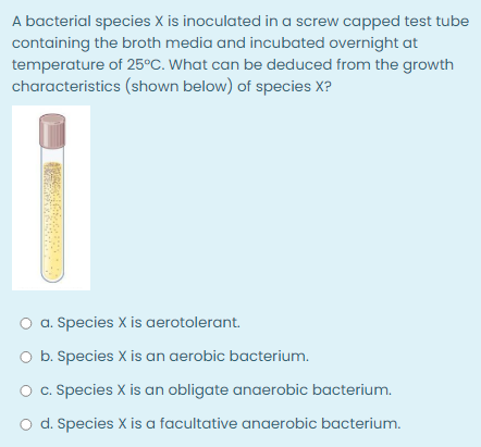 A bacterial species X is inoculated in a screw capped test tube
containing the broth media and incubated overnight at
temperature of 25°C. What can be deduced from the growth
characteristics (shown below) of species X?
O a. Species X is
aerotolerant.
O b. Species X is an aerobic bacterium.
c. Species X is an obligate anaerobic bacterium.
d. Species X is a facultative anaerobic bacterium.