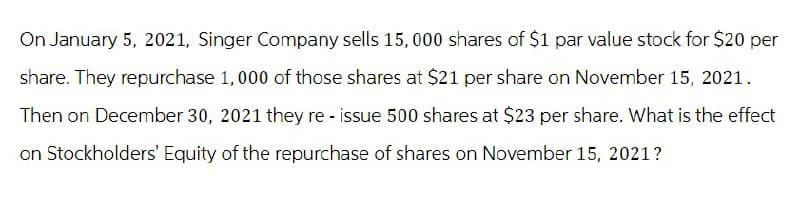 On January 5, 2021, Singer Company sells 15,000 shares of $1 par value stock for $20 per
share. They repurchase 1,000 of those shares at $21 per share on November 15, 2021.
Then on December 30, 2021 they re-issue 500 shares at $23 per share. What is the effect
on Stockholders' Equity of the repurchase of shares on November 15, 2021?