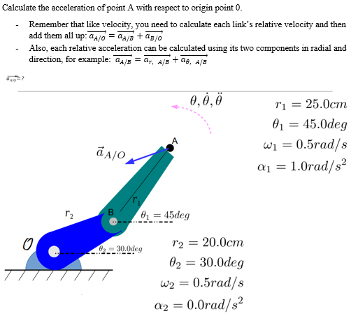 Calculate the acceleration of point A with respect to origin point 0.
Remember that like velocity, you need to calculate each link's relative velocity and then
add them all up: aa/O = aa/3 + ag/o
Also, each relative acceleration can be calculated using its two components in radial and
direction, for example: a4/5 = ar, A/B
+ ag, a/B
0,0, Ö
li = 25.0cm
%3D
01 = 45.0deg
w1 = 0.5rad/s
a1 = 1.0rad/s²
r2
0 = 45deg
12 =
20.0cm
O2 = 30.0deg
02 = 30.0deg
w2 = 0.5rad/s
a2 = 0.0rad/s²
