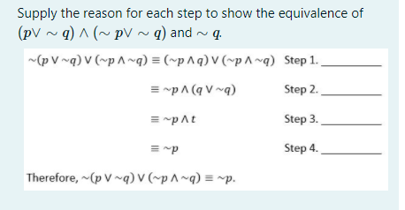 Supply the reason for each step to show the equivalence of
(pV ~ q) ^ (~ pv ~ q) and ~ q.
(p V ~q) V (~p A ~q) = (~p ^q) V (~p ^ ~q) Step 1.
= ~p A (q V ~q)
Step 2.
= ~pAt
Step 3.
= ~p
Step 4.
Therefore, (p V ~q) V (~p ^ ~q) = ~p.
