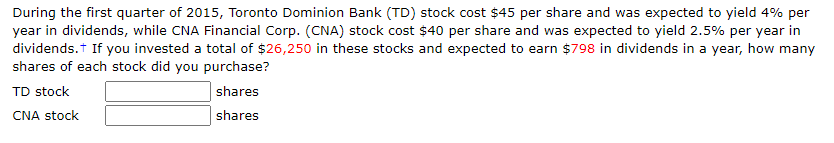 During the first quarter of 2015, Toronto Dominion Bank (TD) stock cost $45 per share and was expected to yield 4% per
year in dividends, while CNA Financial Corp. (CNA) stock cost $40 per share and was expected to yield 2.5% per year in
dividends. If you invested a total of $26,250 in these stocks and expected to earn $798 in dividends in a year, how many
shares of each stock did you purchase?
TD stock
shares
CNA stock
shares