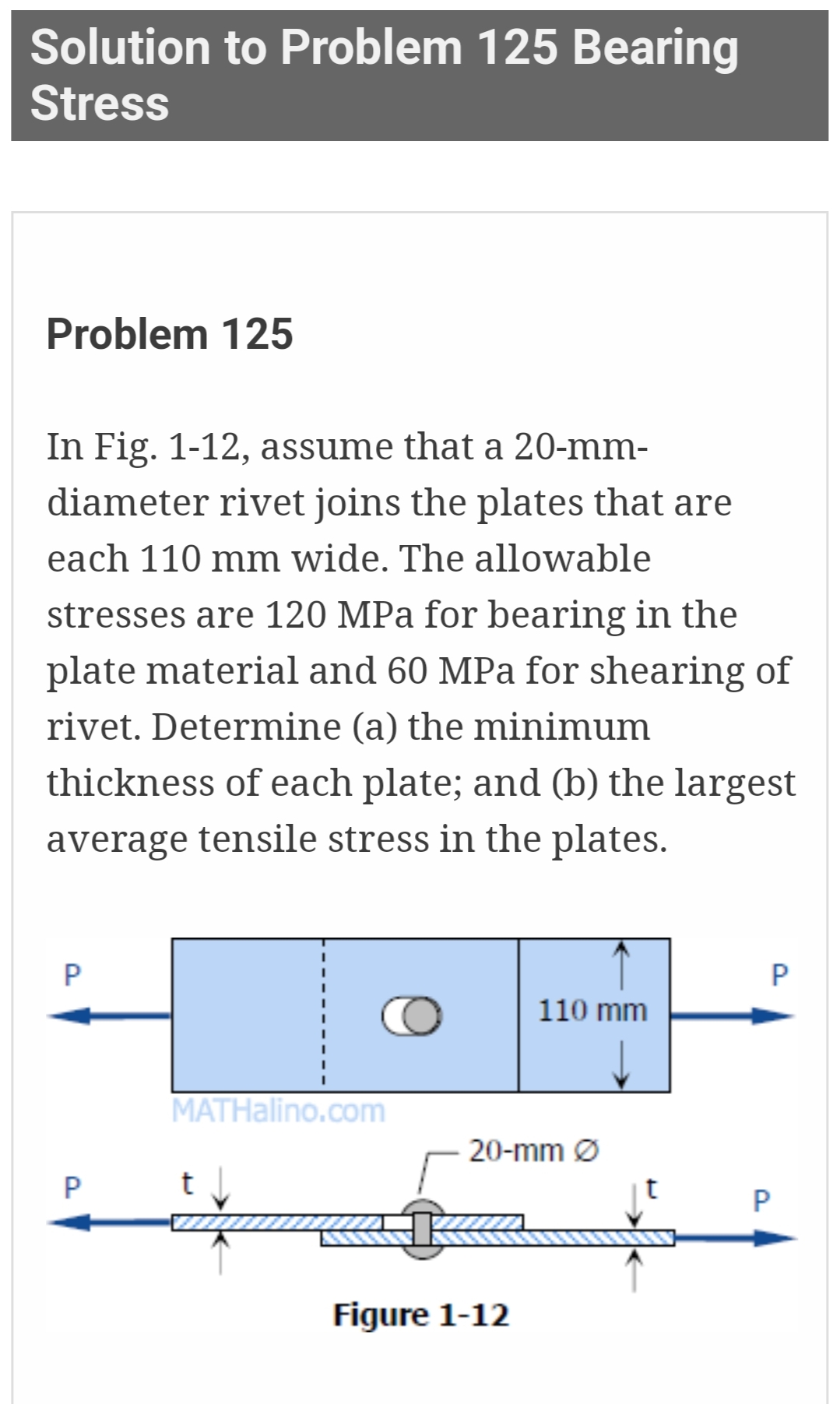 Solution to Problem 125 Bearing
Stress
Problem 125
In Fig. 1-12, assume that a 20-mm-
diameter rivet joins the plates that are
each 110 mm wide. The allowable
stresses are 120 MPa for bearing in the
plate material and 60 MPa for shearing of
rivet. Determine (a) the minimum
thickness of each plate; and (b) the largest
average tensile stress in the plates.
P
P
MATHalino.com
t
110 mm
20-mm Ø
Figure 1-12
t
P
P