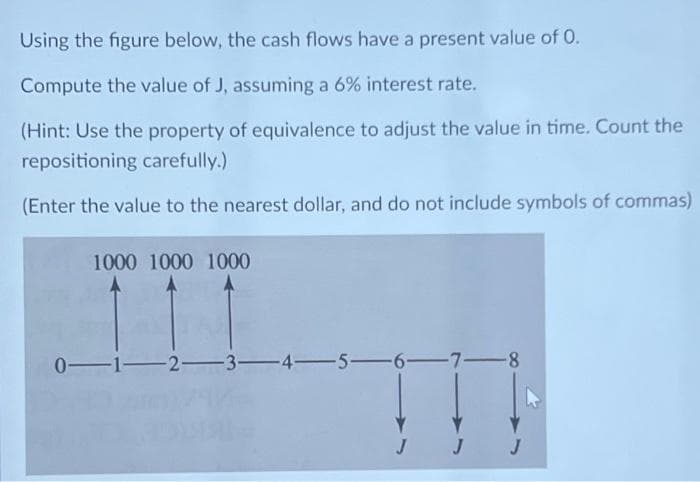 Using the figure below, the cash flows have a present value of 0.
Compute the value of J, assuming a 6% interest rate.
(Hint: Use the property of equivalence to adjust the value in time. Count the
repositioning carefully.)
(Enter the value to the nearest dollar, and do not include symbols of commas)
1000 1000 1000
0-1-2-3-4-5-6-7-8