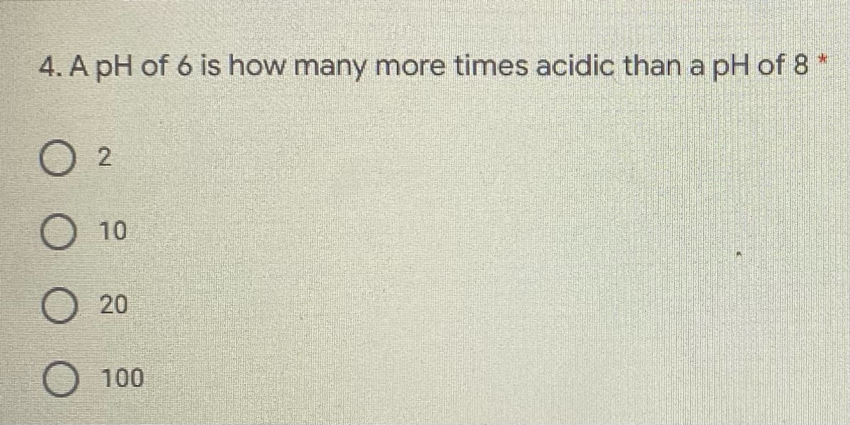 4. A pH of 6 is how many more times acidic than a pH of 8 *
10
20
100
