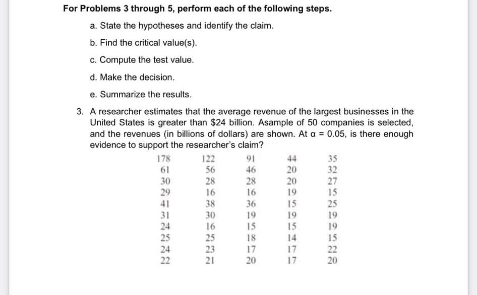 For Problems 3 through 5, perform each of the following steps.
a. State the hypotheses and identify the claim.
b. Find the critical value(s).
c. Compute the test value.
d. Make the decision.
e. Summarize the results.
3. A researcher estimates that the average revenue of the largest businesses in the
United States is greater than $24 billion. Asample of 50 companies is selected,
and the revenues (in billions of dollars) are shown. At a = 0.05, is there enough
evidence to support the researcher's claim?
178
122
91
44
35
61
56
46
20
32
30
28
28
20
27
29
16
16
19
15
41
38
36
15
25
31
30
19
19
19
24
16
15
15
19
25
25
18
14
15
24
23
17
17
22
22
21
20
17
20