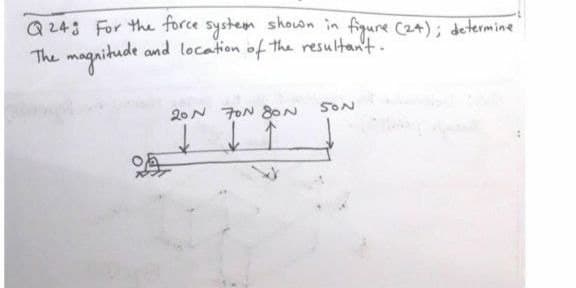 Q24 For the force system shown in figure C24); determine
The magnitude and location of the resultan't.
20N FON 8ON
SON
