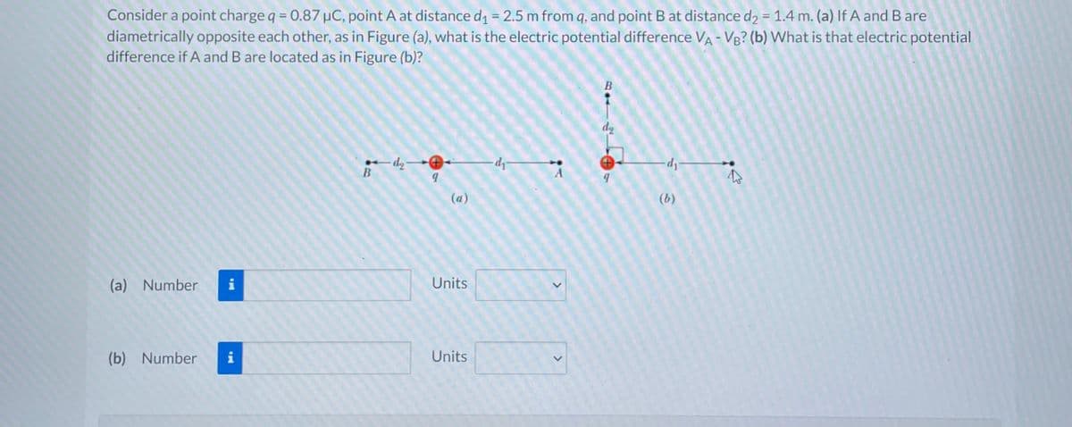 Consider a point charge q = 0.87 μC, point A at distance d₁ = 2.5 m from q, and point B at distance d2 = 1.4 m. (a) If A and B are
diametrically opposite each other, as in Figure (a), what is the electric potential difference VA - VB? (b) What is that electric potential
difference if A and B are located as in Figure (b)?
(a) Number
M.
i
(b) Number i
B
-d₂4
9
(a)
Units
Units
-d-
A
B
de
dj-
(b)
4