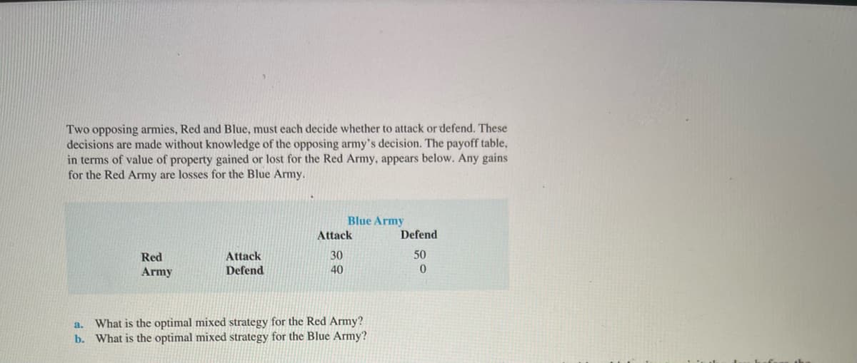 Two opposing armies, Red and Blue, must each decide whether to attack or defend. These
decisions are made without knowledge of the opposing army's decision. The payoff table,
in terms of value of property gained or lost for the Red Army, appears below. Any gains
for the Red Army are losses for the Blue Army.
Blue Army
Attack
Defend
Red
Attack
Defend
30
50
Army
40
a. What is the optimal mixed strategy for the Red Army?
b. What is the optimal mixed strategy for the Blue Army?
