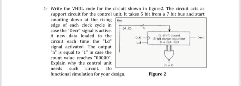 1- Write the VHDL code for the circuit shown in figure2. The circuit acts as
support circuit for the control unit. It takes 5 bit from a 7 bit bus and start
counting down at the rising Bus
edge of each clock cycle in
case the "Decr" signal is active.
A new data loaded to the
(4.0)
n shift count
5-bit down counter
CLK
Decr
circuit each time the "Ld"
signal activated. The output
"n" is equal to "1" in case the
count value reaches "00000".
Explain why the control unit
Ld
n 04.00
n-0
needs
such
circuit.
Do
functional simulation for your design.
Figure 2
