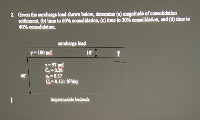 2. Given the surcharge load shown below, determine (a) magnitude of consolidation
settlement, (b) time to 60% consolidation, (c) time to 30% consolidation, and (d) time to
40% consolidation.
surcharge load
y= 100 pcf
10
Y-97 pef
C-0.28
=0.37
C=0.131 f/day
40
Impermeable bedrock
