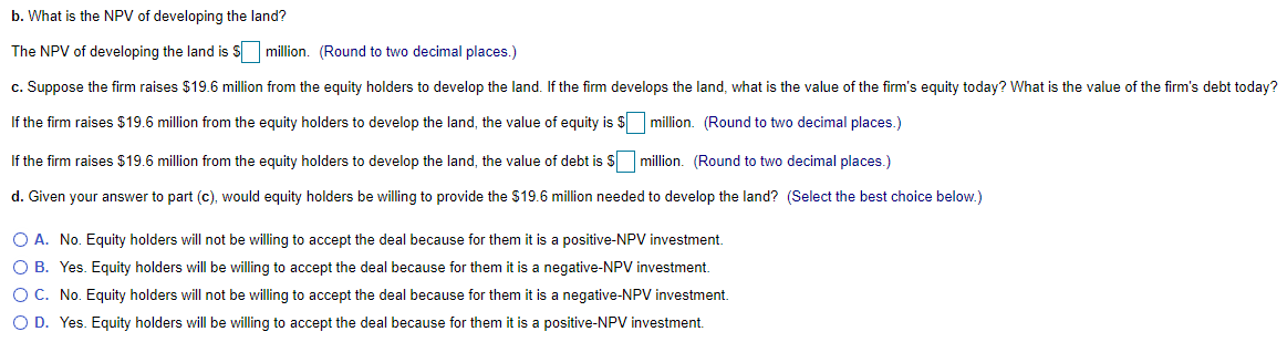 b. What is the NPV of developing the land?
The NPV of developing the land is S million. (Round to two decimal places.)
c. Suppose the firm raises $19.6 million from the equity holders to develop the land. If the firm develops the land, what is the value of the firm's equity today? What is the value of the firm's debt today?
If the firm raises $19.6 million from the equity holders to develop the land, the value of equity is $ million. (Round to two decimal places.)
If the firm raises $19.6 million from the equity holders to develop the land, the value of debt is S million. (Round to two decimal places.)
d. Given your answer to part (c), would equity holders be willing to provide the S19.6 million needed to develop the land? (Select the best choice below.)
O A. No. Equity holders will not be willing to accept the deal because for them it is a positive-NPV investment.
O B. Yes. Equity holders will be willing to accept the deal because for them it is a negative-NPV investment.
O C. No. Equity holders will not be willing to accept the deal because for them it is a negative-NPV investment.
O D. Yes. Equity holders will be willing to accept the deal because for them it is a positive-NPV investment.
