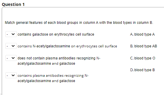 Question 1
Match general features of each blood groups in column A with the blood types in column B.
contains galactose on erythrocytes cell surface
A. blood type A
contains N-acetylgalactosamine on erythrocytes cell surface
B. blood type AB
does not contain plasma antibodies recognizing N-
C. blood type O
acetylgalactosamine and galactose
D. blood type B
contains plasma antibodies recognizing N-
acetylgalactosamine and galactose
