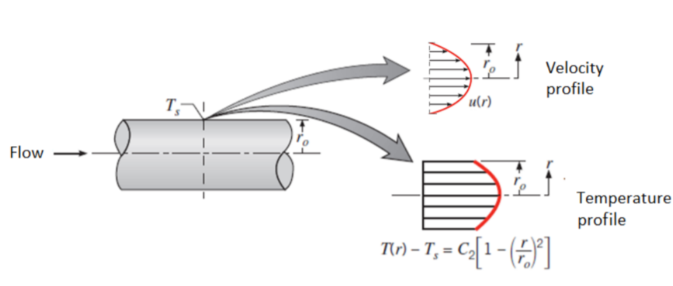 Velocity
profile
T.
u(r)
Flow
Temperature
profile
Tu) – T, = C:[1 - (]

