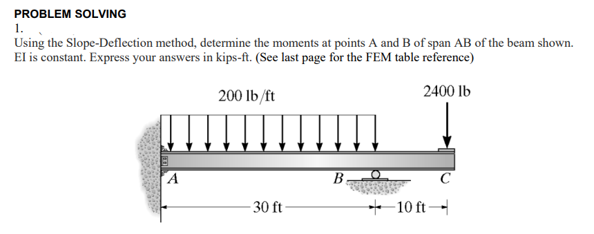 PROBLEM SOLVING
1.
Using the Slope-Deflection method, determine the moments at points A and B of span AB of the beam shown.
El is constant. Express your answers in kips-ft. (See last page for the FEM table reference)
200 lb/ft
2400 lb
A
В
C
30 ft
+10 ft
