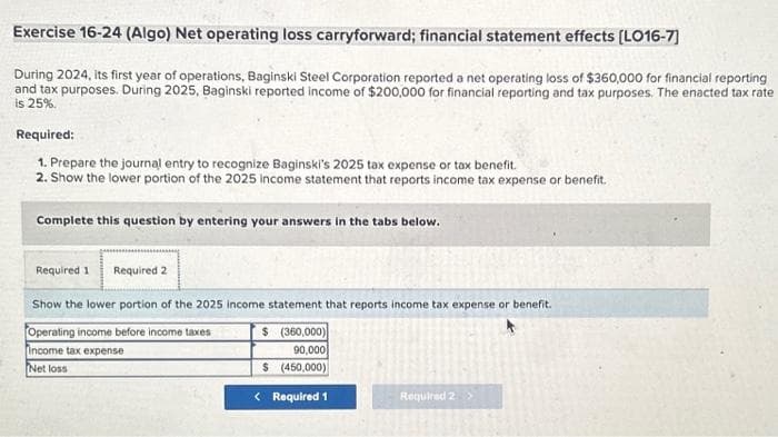 Exercise 16-24 (Algo) Net operating loss carryforward; financial statement effects [LO16-7]
During 2024, its first year of operations, Baginski Steel Corporation reported a net operating loss of $360,000 for financial reporting
and tax purposes. During 2025, Baginski reported income of $200,000 for financial reporting and tax purposes. The enacted tax rate
is 25%.
Required:
1. Prepare the journal entry to recognize Baginski's 2025 tax expense or tax benefit.
2. Show the lower portion of the 2025 income statement that reports income tax expense or benefit.
Complete this question by entering your answers in the tabs below.
Required 1 Required 2
Show the lower portion of the 2025 income statement that reports income tax expense or benefit.
Operating income before income taxes
$ (360,000)
Income tax expense
90,000
Net loss
$ (450,000)
< Required 1
Required 2