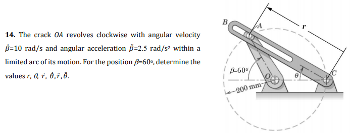B
14. The crack OA revolves clockwise with angular velocity
B=10 rad/s and angular acceleration B=2.5 rad/s² within a
limited arc of its motion. For the position ß=60º, determine the
B=60°
values r, e, †, Ô,̟‚ï, ö.
le-200 mm

