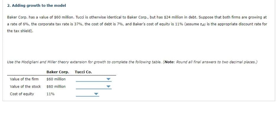 2. Adding growth to the model
Baker Corp. has a value of $60 million. Tucci is otherwise identical to Baker Corp., but has $24 million in debt. Suppose that both firms are growing at
a rate of 6%, the corporate tax rate is 37%, the cost of debt is 7%, and Baker's cost of equity is 11% (assume It is the appropriate discount rate for
the tax shield).
Use the Modigliani and Miller theory extension for growth to complete the following table. (Note: Round all final answers to two decimal places.)
Value of the firm
Baker Corp. Tucci Co.
$60 million
Value of the stock $60 million
Cost of equity
11%