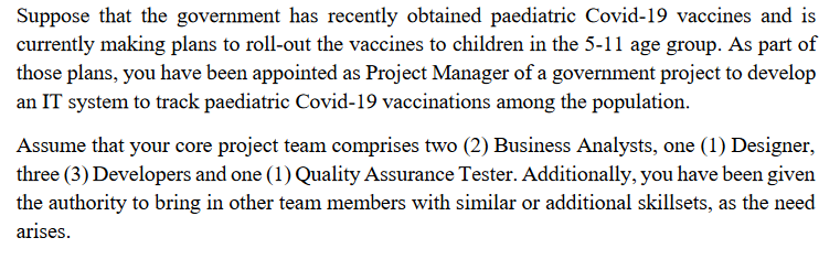 Suppose that the government has recently obtained paediatric Covid-19 vaccines and is
currently making plans to roll-out the vaccines to children in the 5-11 age group. As part of
those plans, you have been appointed as Project Manager of a government project to develop
an IT system to track paediatric Covid-19 vaccinations among the population.
Assume that your core project team comprises two (2) Business Analysts, one (1) Designer,
three (3) Developers and one (1) Quality Assurance Tester. Additionally, you have been given
the authority to bring in other team members with similar or additional skillsets, as the need
arises.