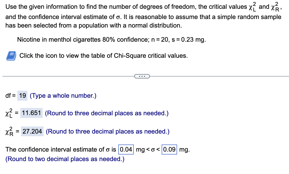 Use the given information to find the number of degrees of freedom, the critical values x² and x²,
and the confidence interval estimate of o. It is reasonable to assume that a simple random sample
has been selected from a population with a normal distribution.
Nicotine in menthol cigarettes 80% confidence; n = 20, s = 0.23 mg.
Click the icon to view the table of Chi-Square critical values.
df = 19 (Type a whole number.)
x² =
= 11.651 (Round to three decimal places as needed.)
X²/12
= 27.204 (Round to three decimal places as needed.)
The confidence interval estimate of o is 0.04 mg <o< 0.09 mg.
(Round to two decimal places as needed.)