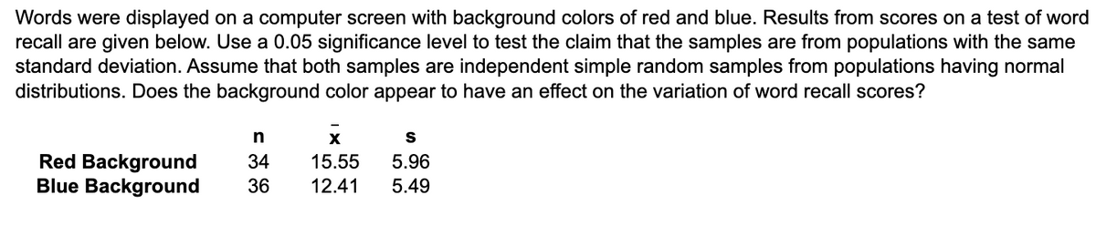 Words were displayed on a computer screen with background colors of red and blue. Results from scores on a test of word
recall are given below. Use a 0.05 significance level to test the claim that the samples are from populations with the same
standard deviation. Assume that both samples are independent simple random samples from populations having normal
distributions. Does the background color appear to have an effect on the variation of word recall scores?
n
X
S
Red Background
5.96
34 15.55
Blue Background 36 12.41 5.49
