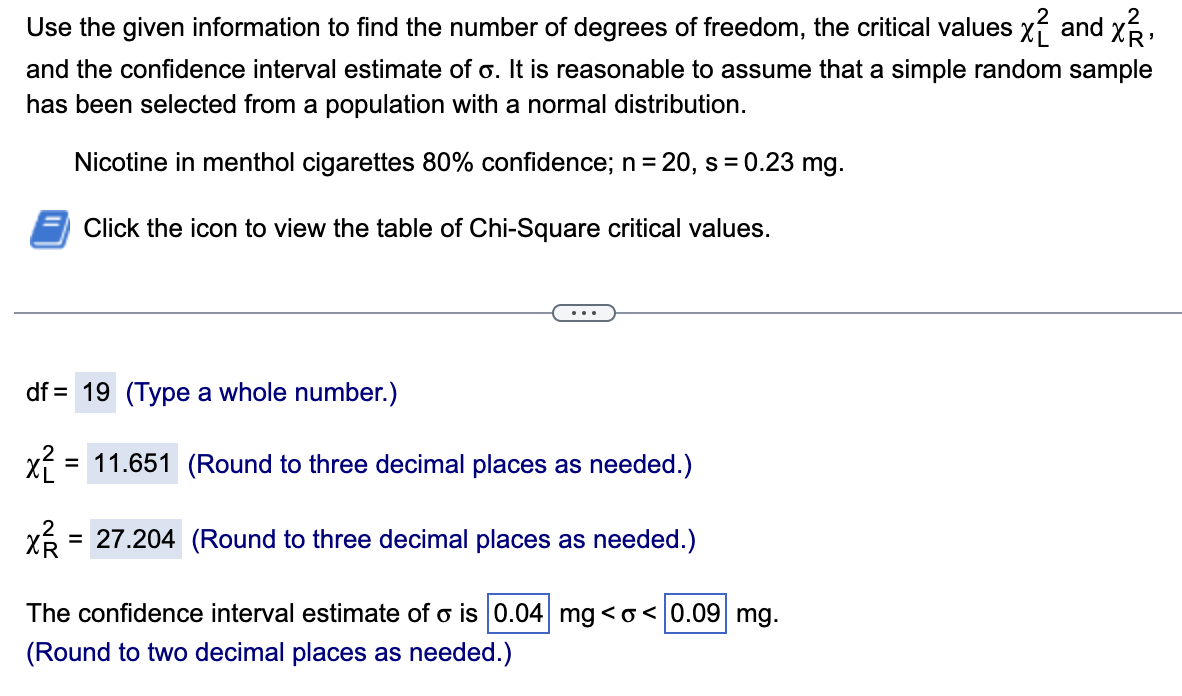 R'
Use the given information to find the number of degrees of freedom, the critical values x2 and x²,
and the confidence interval estimate of o. It is reasonable to assume that a simple random sample
has been selected from a population with a normal distribution.
Nicotine in menthol cigarettes 80% confidence; n = 20, s = 0.23 mg.
Click the icon to view the table of Chi-Square critical values.
df = 19 (Type a whole number.)
x²
= 11.651 (Round to three decimal places as needed.)
XR =
= 27.204 (Round to three decimal places as needed.)
The confidence interval estimate of o is 0.04 mg<o< 0.09 mg.
(Round to two decimal places as needed.)