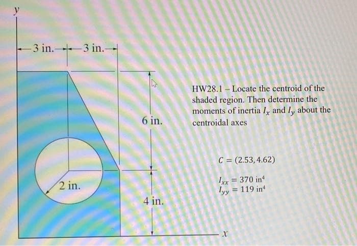 -3 in.-3 in.--
2 in.
ہے۔
6 in.
4 in.
HW28.1 Locate the centroid of the
shaded region. Then determine the
moments of inertia I, and Iy about the
centroidal axes
C = (2.53,4.62)
Ixx = 370 in¹
lyy = 119 inª
X