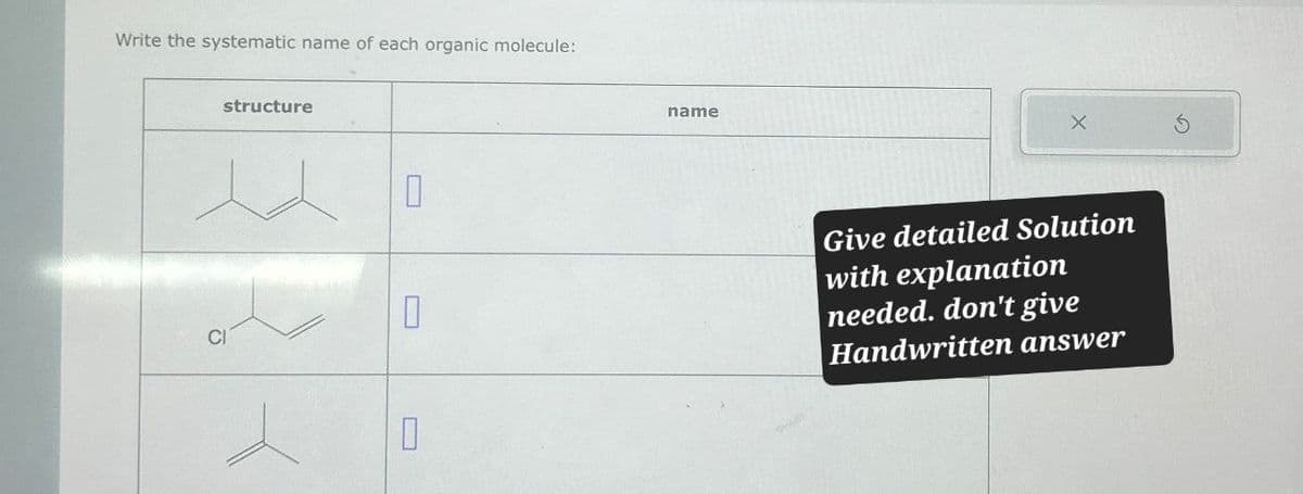 Write the systematic name of each organic molecule:
structure
CI
☐
☐
name
Give detailed Solution
with explanation
needed. don't give
Handwritten answer