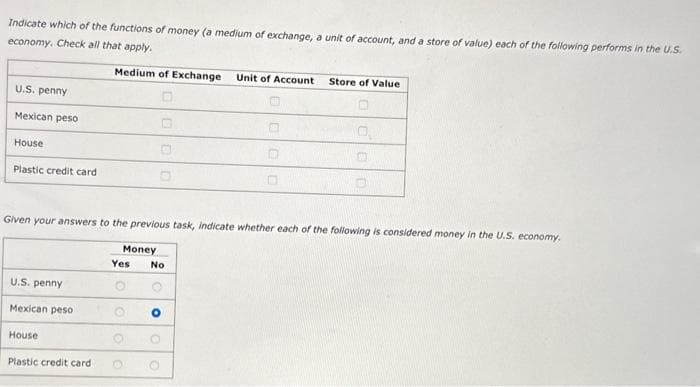 Indicate which of the functions of money (a medium of exchange, a unit of account, and a store of value) each of the following performs in the U.S.
economy. Check all that apply.
Medium of Exchange Unit of Account Store of Value
U.S. penny
Mexican peso
House
Plastic credit card
U.S. penny
Given your answers to the previous task, indicate whether each of the following is considered money in the U.S. economy,
Money
Yes No
Mexican peso
House
Plastic credit card
O
2
0000
O
000