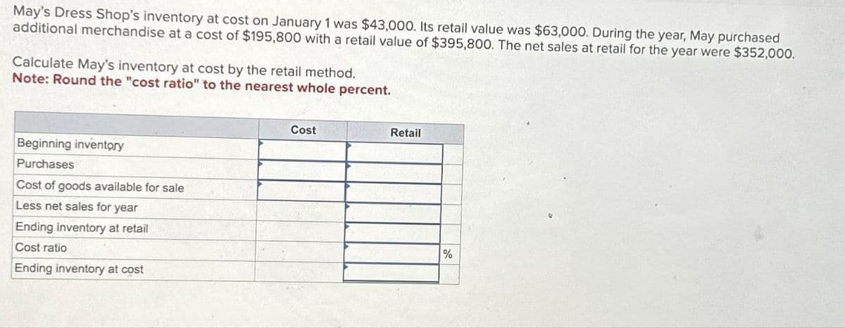 May's Dress Shop's inventory at cost on January 1 was $43,000. Its retail value was $63,000. During the year, May purchased
additional merchandise at a cost of $195,800 with a retail value of $395,800. The net sales at retail for the year were $352,000.
Calculate May's inventory at cost by the retail method.
Note: Round the "cost ratio" to the nearest whole percent.
Beginning inventory
Purchases
Cost of goods available for sale
Less net sales for year
Ending inventory at retail
Cost ratio
Ending inventory at cost
Cost
Retail
%