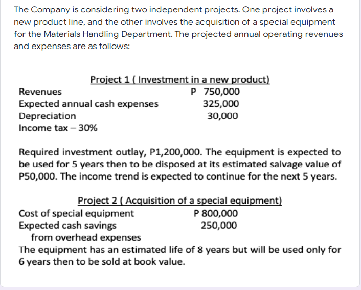 The Company is considering two independent projects. One project involves a
new product line, and the other involves the acquisition of a special equipment
for the Materials Handling Department. The projected annual operating revenues
and expenses are as follows:
Project 1 ( Investment in a new product)
P 750,000
Revenues
Expected annual cash expenses
Depreciation
325,000
30,000
Income tax – 30%
Required investment outlay, P1,200,000. The equipment is expected to
be used for 5 years then to be disposed at its estimated salvage value of
P50,000. The income trend is expected to continue for the next 5 years.
Project 2 ( Acquisition of a special equipment)
P 800,000
250,000
Cost of special equipment
Expected cash savings
from overhead expenses
The equipment has an estimated life of 8 years but will be used only for
6 years then to be sold at book value.
