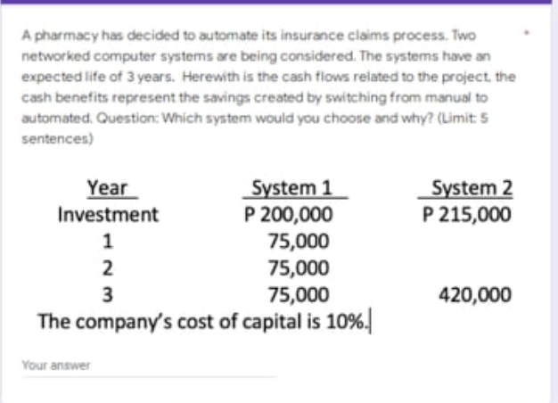 A pharmacy has decided to automate its insurance claims process. Two
networked computer systems are being considered. The systems have an
expected life of 3 years. Herewith is the cash flows related to the project, the
cash benefits represent the savings created by switching from manual to
automated. Question: Which system would you choose and why? (Limit 5
sentences)
System 1
P 200,000
75,000
75,000
75,000
The company's cost of capital is 10%.
Year
Investment
System 2
P 215,000
1
2
3
420,000
Your answer

