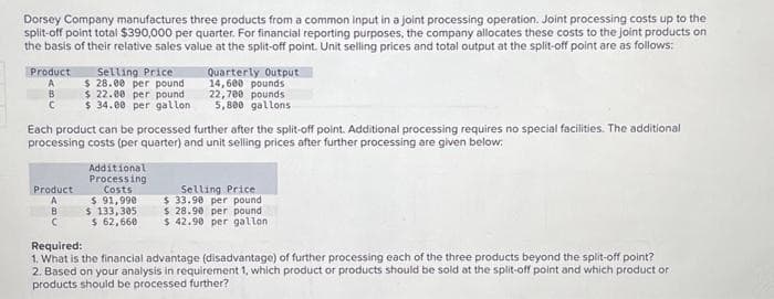 Dorsey Company manufactures three products from a common input in a joint processing operation. Joint processing costs up to the
split-off point total $390,000 per quarter. For financial reporting purposes, the company allocates these costs to the joint products on
the basis of their relative sales value at the split-off point. Unit selling prices and total output at the split-off point are as follows:
Product
A
B
с
Product
A
B
Selling Price
$28.00 per pound
$22.00 per pound
$34.00 per gallon
Each product can be processed further after the split-off point. Additional processing requires no special facilities. The additional
processing costs (per quarter) and unit selling prices after further processing are given below:
C
Quarterly Output
14,600 pounds
22,700 pounds
5,800 gallons
Additional
Processing
Costs
$ 91,990
$ 133,305
$ 62,660
Selling Price
$33.98 per pound
$28.90 per pound
$42.90 per gallon
Required:
1. What is the financial advantage (disadvantage) of further processing each of the three products beyond the split-off point?
2. Based on your analysis in requirement 1, which product or products should be sold at the split-off point and which product or
products should be processed further?