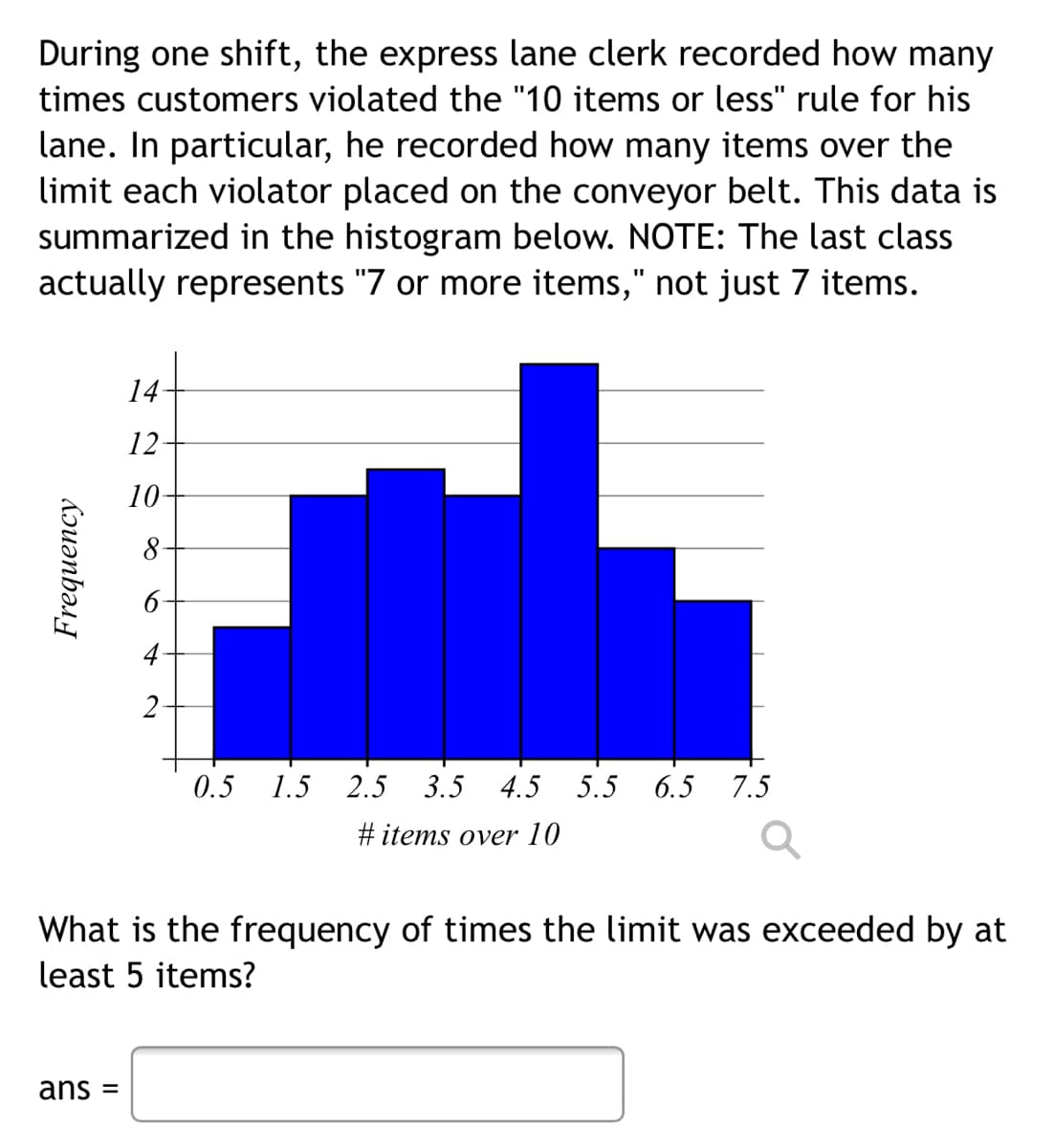 During one shift, the express lane clerk recorded how many
times customers violated the "10 items or less" rule for his
lane. In particular, he recorded how many items over the
limit each violator placed on the conveyor belt. This data is
summarized in the histogram below. NOTE: The last class
actually represents "7 or more items," not just 7 items.
14
12
10-
0.5
1.5 2.5 3.5 4.5 5.5 6.5 7.5
#items over 10
What is the frequency of times the limit was exceeded by at
least 5 items?
ans =
Frequency
8-
2