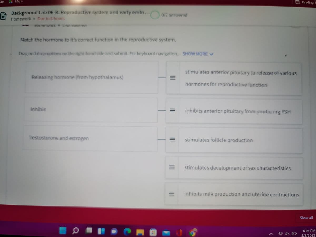 ube MapsS
Reading li
Background Lab 06-B: Reproductive system and early embr...
Homework Due in 6 hours
0/2 answered
Homework unanswered
Match the hormone to it's correct function in the reproductive system.
Drag and drop options on the right-hand side and submit. For keyboard navigation... SHOW MORE V
stimulates anterior pituitary to release of various
Releasing hormone (from hypothalamus)
hormones for reproductive function
Inhibin
inhibits anterior pituitary from producing FSH
Testosterone and estrogen
stimulates follicle production
stimulates development of sex characteristics
inhibits milk production and uterine contractions
Show all
6:04 PM
3/3/2022
II
II
II
