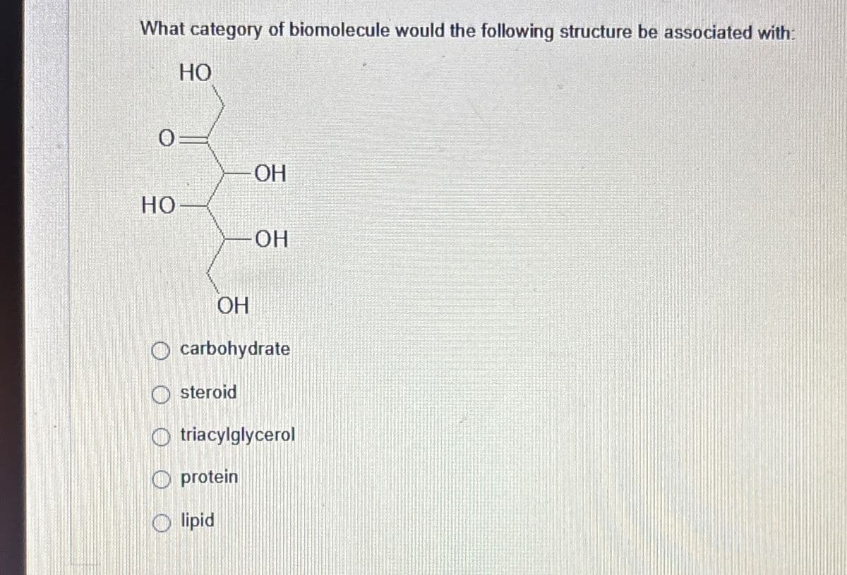 What category of biomolecule would the following structure be associated with:
HO
O
OH
HO
OH
OH
O carbohydrate
steroid
Otriacylglycerol
O protein
lipid