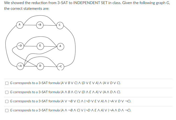 We showed the reduction from 3-SAT to INDEPENDENT SET in class. Given the following graph G,
the correct statements are:
-D
U
-A
-B
-C
G corresponds to a 3-SAT formula (A V BV C) A (D VEVA) A (AVDV C).
OG corresponds to a 3-SAT formula (A A BAC) V (DAEAA) V (AADA C).
OG corresponds to a 3-SAT formula (A V¬BV C) A (-DVEVA) A (¬AV DV¬C).
OG corresponds to a 3-SAT formula (AA¬BAC) V (DAEAA) V (¬AADA ¬C).
