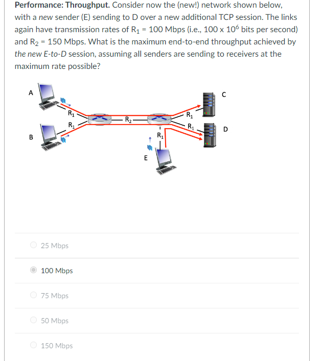 Performance: Throughput. Consider now the (new!) network shown below,
with a new sender (E) sending to D over a new additional TCP session. The links
again have transmission rates of R₁ = 100 Mbps (i.e., 100 x 106 bits per second)
and R₂ = 150 Mbps. What is the maximum end-to-end throughput achieved by
the new E-to-D session, assuming all senders are sending to receivers at the
maximum rate possible?
A
B
R₁
25 Mbps
100 Mbps
75 Mbps
50 Mbps
150 Mbps
E
R₁
R₁