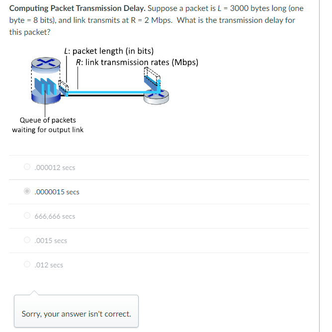 Computing Packet Transmission Delay. Suppose a packet is L = 3000 bytes long (one
byte = 8 bits), and link transmits at R = 2 Mbps. What is the transmission delay for
this packet?
L: packet length (in bits)
R: link transmission rates (Mbps)
Queue of packets
waiting for output link
.000012 secs
.0000015 secs
666,666 secs
.0015 secs
.012 secs
Sorry, your answer isn't correct.