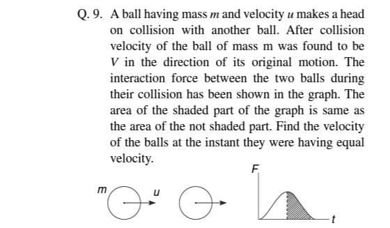 Q. 9. A ball having mass m and velocity u makes a head
on collision with another ball. After collision
velocity of the ball of mass m was found to be
V in the direction of its original motion. The
interaction force between the two balls during
their collision has been shown in the graph. The
area of the shaded part of the graph is same as
the area of the not shaded part. Find the velocity
of the balls at the instant they were having equal
velocity.
F.
"O

