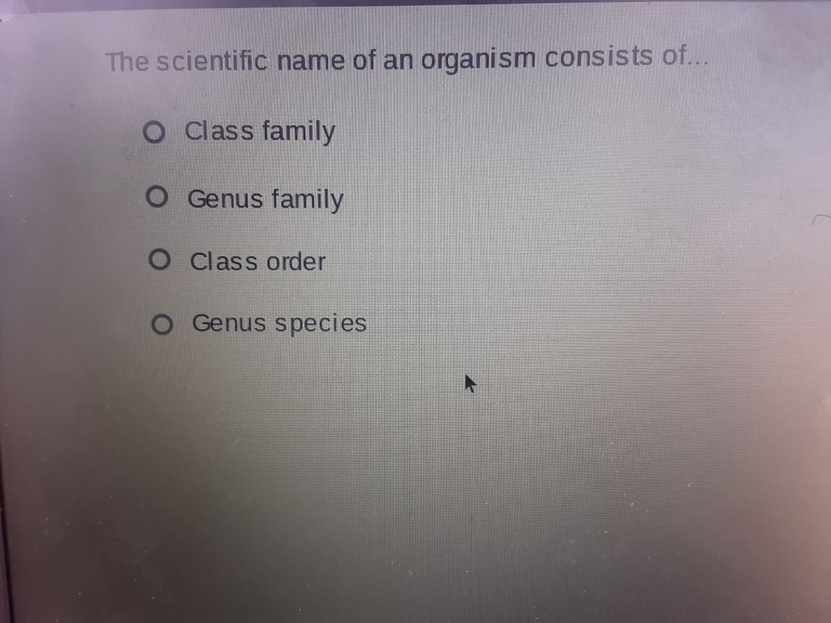 The scientific name of an organism consists of...
O Class family
O Genus family
O Class order
Genus species
