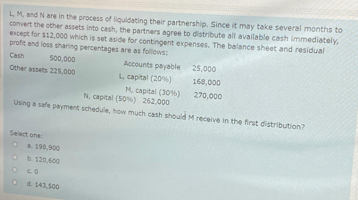 L, M, and N are in the process of liquidating their partnership. Since it may take several months to
convert the other assets into cash, the partners agree to distribute all available cash immediately,
except for $12,000 which is set aside for contingent expenses. The balance sheet and residual
profit and loss sharing percentages are as follows:
Cash
500,000
Accounts payable
Other assets 225,000
L, capital (20%)
Select one:
O
O
O
N, capital (50%) 262,000
Using a safe payment schedule, how much cash should M receive in the first distribution?
O
M, capital (30%)
a. 198,900
b. 120,600
c. 0
d. 143,500
25,000
168,000
270,000