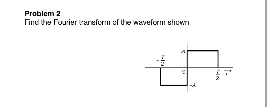Problem 2
Find the Fourier transform of the waveform shown
A
T
-A
