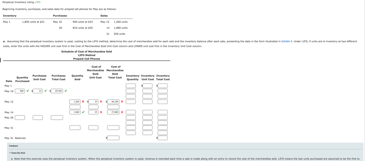 Perpetual Inventory Using LIFO
Beginning inventory, purchases, and sales data for prepaid cell phones for May are as follows:
Inventory
Purchases
Sales
May 1
1,800 units at $31
May 10
20
900 units at $33
810 units at $35
May 12
1,260 units
14
1,080 units
31
540 units
a. Assuming that the perpetual inventory system is used, costing by the LIFO method, determine the cost of merchandise sold for each sale and the inventory balance after each sale, presenting the data in the form illustrated in Exhibit 4. Under LIFO, if units are in inventory at two different
costs, enter the units with the HIGHER unit cost first in the Cost of Merchandise Sold Unit Cost column and LOWER unit cost first in the Inventory Unit Cost column.
Schedule of Cost of Merchandise Sold
LIFO Method
Prepaid Cell Phones
Purchases
Purchases
Date
Quantity
Purchased
Unit Cost
Total Cost
Quantity
Sold
Cost of
Merchandise
Sold
Unit Cost
Cost of
Merchandise
Sold
Total Cost
Inventory Inventory Inventory
Quantity Unit Cost Total Cost
May 1
May 10
900
✓ $
33
29,700
May 12
May 14
May 20
May 31
May 31 Balances
Feedback
1,260 X $
35 X
$
44,100 X
1,080 ✔
35
X
37,800 X
▼Check My Work
a. Note that this exercise uses the perpetual inventory system. When the perpetual inventory system is used, revenue is recorded each time a sale is made along with an entry to record the cost of the merchandise sold. LIFO means the last units purchased are assumed to be the first to