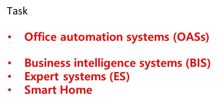 Task
Office automation systems (OASS)
Business intelligence systems (BIS)
Expert systems (ES)
Smart Home
