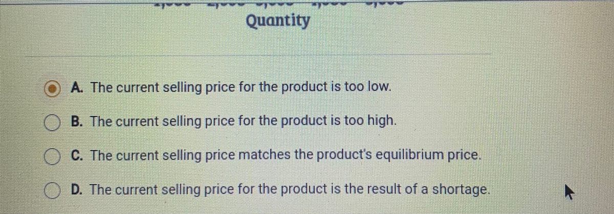 Quantity
A. The current selling price for the product is too low.
O B. The current selling price for the product is too high.
C. The current selling price matches the product's equilibrium price.
D. The current selling price for the product is the result of a shortage.
